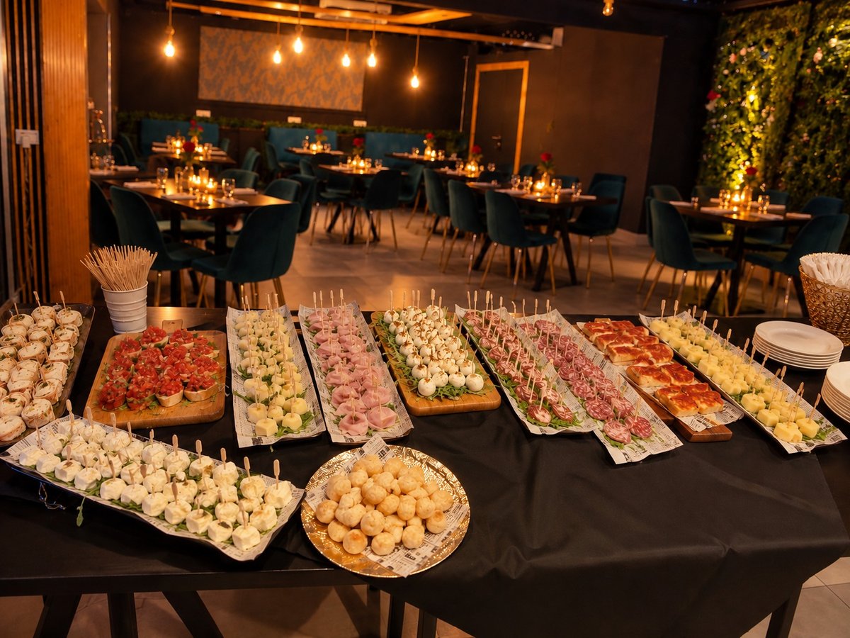 Buffet di stuzzichini, mozzarelle, salumi e pizzette in primo piano, con la sala del Monastè illuminata da candele sullo sfondo